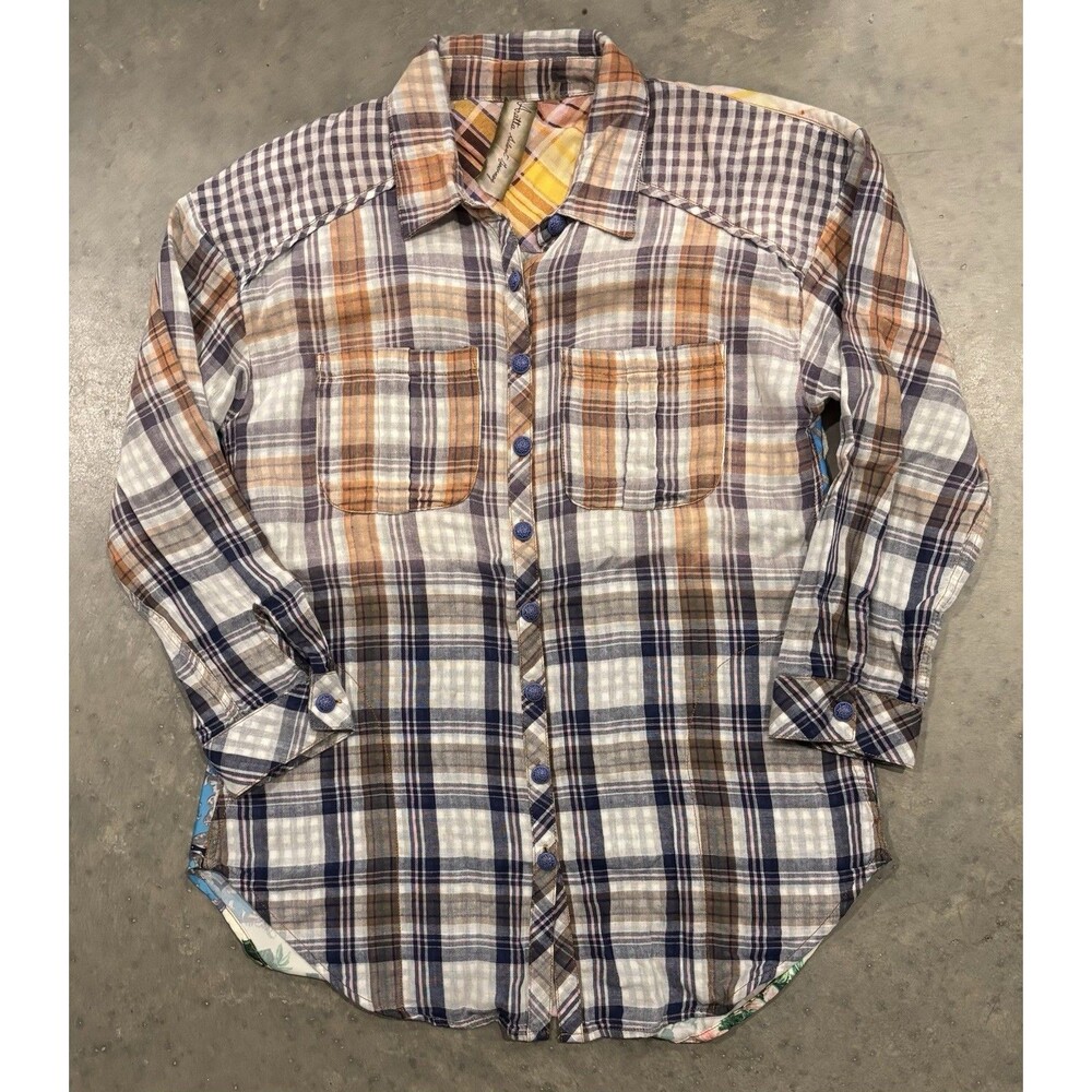 Aratta Silent Journey Women’s Plaid Floral Boho Button Down Tunic Shirt Size S